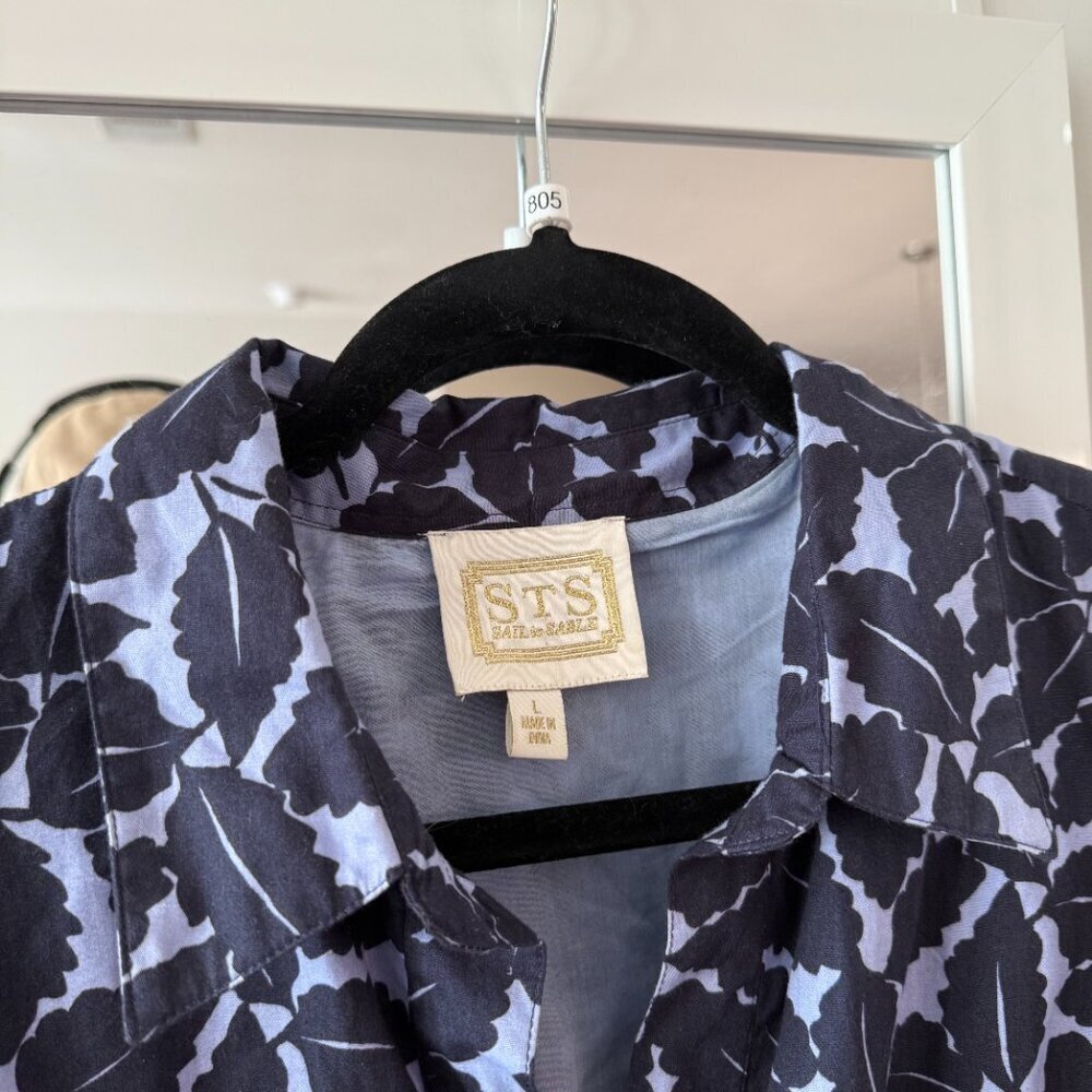 Sail to Sable Autumn Leaf Print Puff Sleeve Shirt Dress - Hydrangea/Navy Size L - Picture 3 of 6